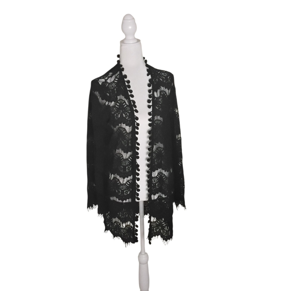 Loveriche Women's M Black Lace Pom Poms Open Front Long Sleeve Swim Cover-Up